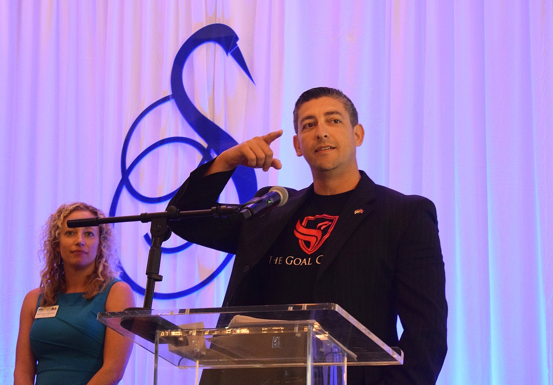 Eric Konovalov of The Goal Guide accepts the Volunteer of the Year award, the top award at the Lakewood Ranch Business Alliance's Sandies.